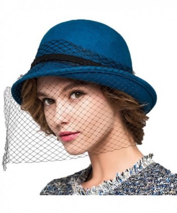 Maitose Women's Wool Felt Flowers Church Bowler Veil Hats - Blue - C7128NIYOH7