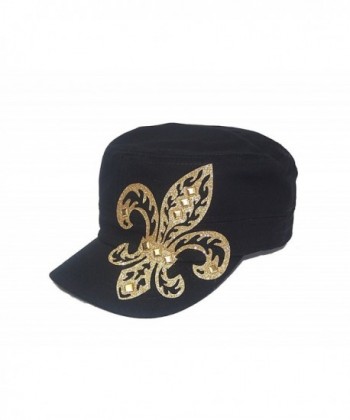 Gold Fleur De Lis Studded Flattop Black Hat - CE11MCO3FDN