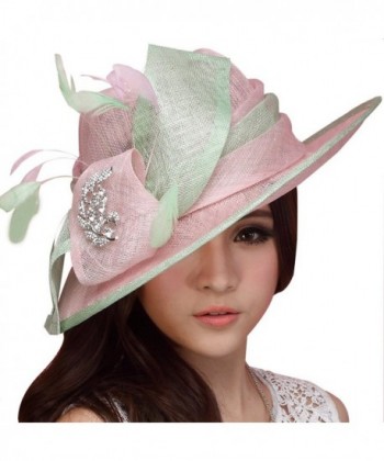 June's Young Women Hat Sinamay Summer Hat Wide Brim Feather Pink - CT11VLP2L9D