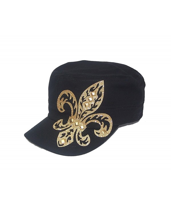 Gold Fleur De Lis Studded Flattop Black Hat - CV11MCO3FDN