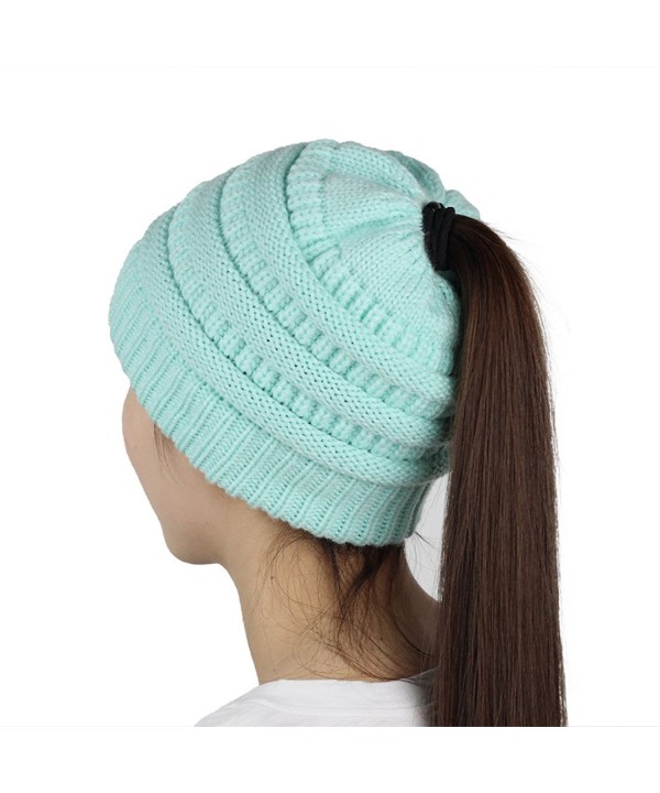 Sven Home Beanie Tail Slouchy Ponytail Soft Stretch Cable Messy High Bun Knit Hat - Ch26 Light Blue - CQ186IUEMTG