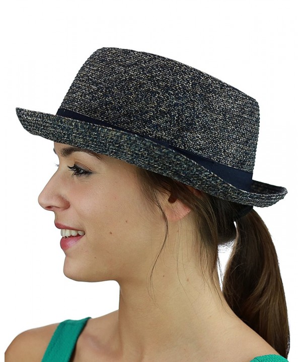 C.C Unisex Solid Color Band Multicolored Weaved Upturn Brim Pork Pie Hat - Navy Mix - CS17YSNT2X9