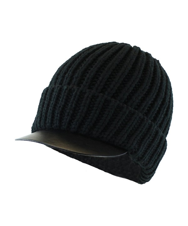 Men's Stretch to Fit Chunky Knit Cuffed Radar Cap w/ Faux-Leather Visor Brim - Black - C1126XO5EJZ