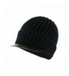 Men's Stretch to Fit Chunky Knit Cuffed Radar Cap w/ Faux-Leather Visor Brim - Black - C1126XO5EJZ