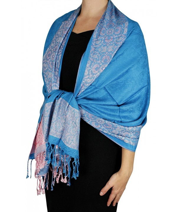 Peach Couture Exclusive Paisley Floral Border Reversible Pashmina Wrap Shawl - Teal and Pink - CI122910D3X