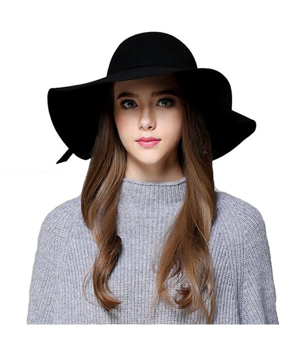 ZZCC Women's Foldable Wide Brim Beach Retro Fedora Floopy Wool Felt Hat - Black - CY187QGHIX0