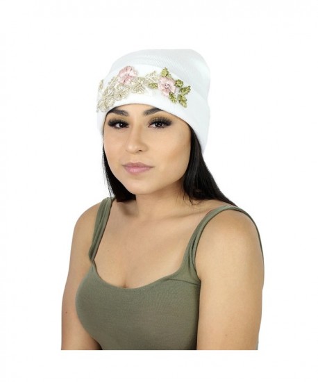 Elliott and Oliver Co. Floral Embroidered Ribbed Knit Beanie Hat- Flower Winter Cap With Stretch Cuff - White - CJ186IQCAHS