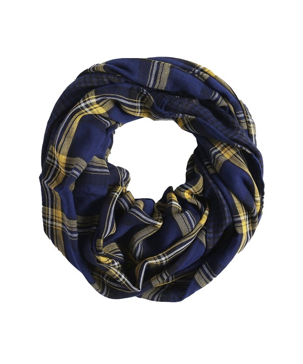 Radiant & Resilient Women Cotton Infinity Scarf- Plaid Infinity Scarf - Navy Blue/Yellow - CZ189RC27EM