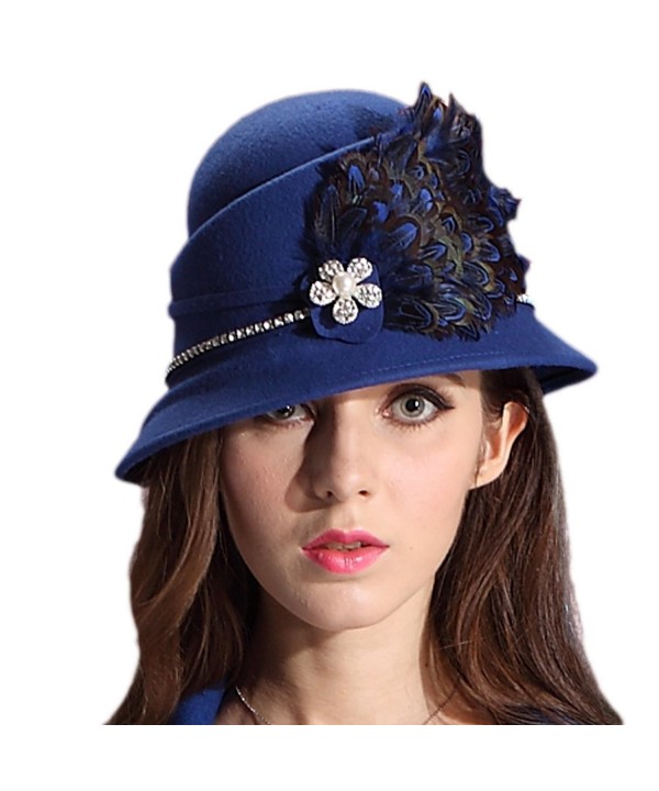 June's Young Women Winter Wool Felt Hats Chapeau Fedora Feather - Blue - CY11RUFGSXN