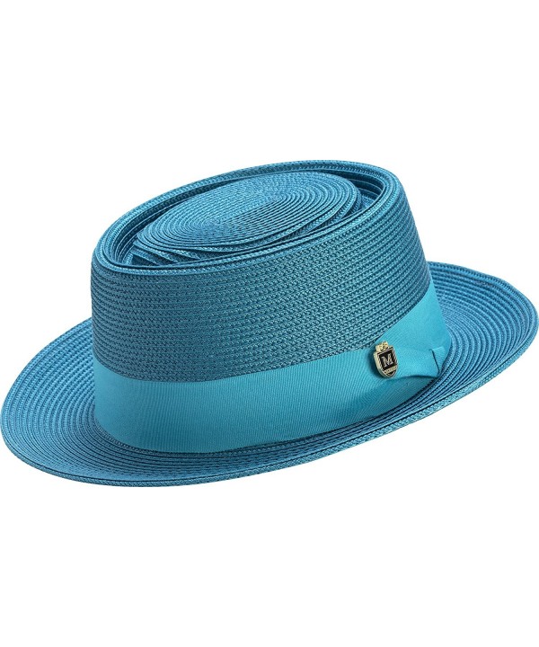 Montique Men's Teardrop Dent Stiff Hard Weaved Pork Pie Hat H50 - Teal - CP186G0MZDA