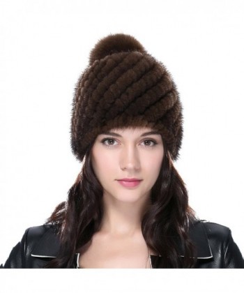 URSFUR Women's Knit Mink Beanie with Fox Pom Pom Mutiple Color - Coffee - C61269IO7XT