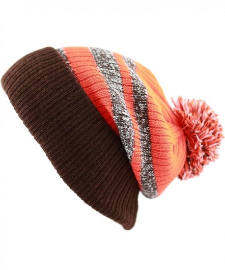 THE HAT DEPOT Winter Striped Cuffed Pom Pom Knit Soft Thick Beanie Skully Hat - Brown-orange - CW12N81WY9M