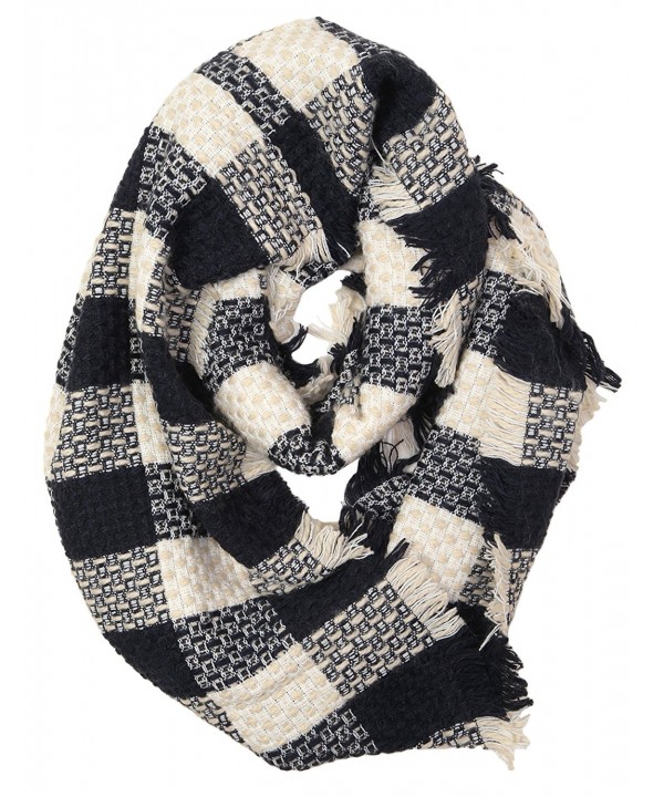 Funky Junque's Plaid Woven Checker Print Frayed Edge Winter Infinity Loop Scarf - Navy - CK12MA146RS