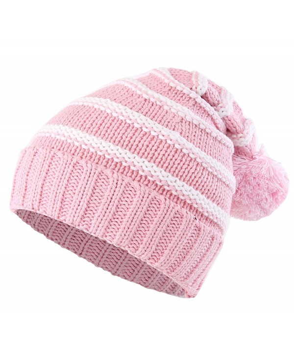 Connectyle Teen Girls Womens Stripe Knit Skull Beanie Cap Fleece Lined Winter Hat - Pink - C4186DRKKSG