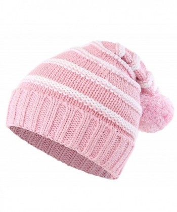 Connectyle Teen Girls Womens Stripe Knit Skull Beanie Cap Fleece Lined Winter Hat - Pink - C4186DRKKSG