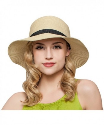 Women Floppy Sun Beach Straw Hats Wide Brim Packable Summer Cap by Janrely - Beige - C2182IQQW4G