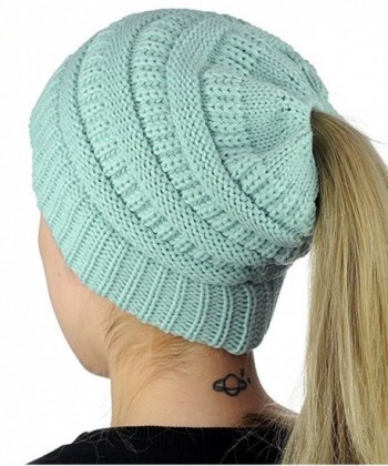 Sibylla Women's Fashion Stretchy Cable Knit Ponytail Messy High Bun Beanie Hat Cap - Sky Blue - CG1876WGCI7