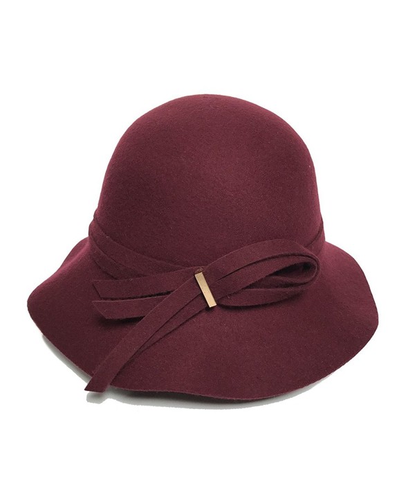 Women's Wide Brim Wool Cloche Hat Winter Hats Grey Black - Burgundy - CV182ZENUYO