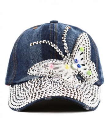 The Hat Depot 200 Bling Rhinestone Butterfly Washed Denim Cap - Denim Blue - CN1256VYN6L