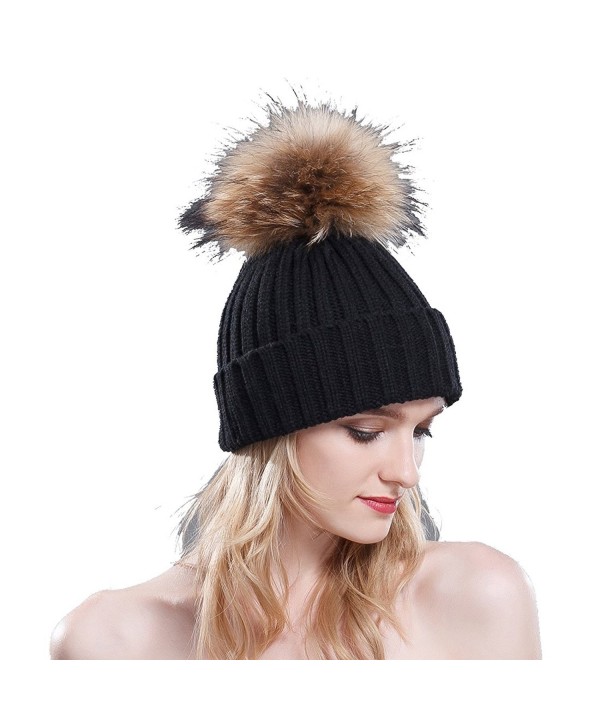 URSFUR Thermal Winter Fur Hat Fox Raccoon Fur Ball Female Knitted Hat Lovers Hat - Black & Raccoon Ball - CQ11OIWD28F