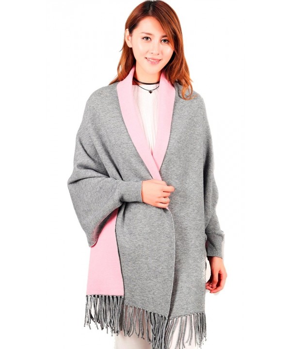 Women's Stylish Warm Blanket Wrap Shawl with Sleeves Scarf Neck Stole Pashmina Reversible Poncho Coat Grey/Pink - CN187ZRDAH6