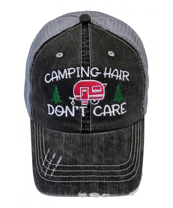 Embroidered Camping Hair Don't Care Vintage Style Grey Trucker Cap Hat - Hot Pink Camper - CH183720M0O