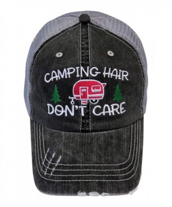 Embroidered Camping Hair Don't Care Vintage Style Grey Trucker Cap Hat - Hot Pink Camper - CH183720M0O