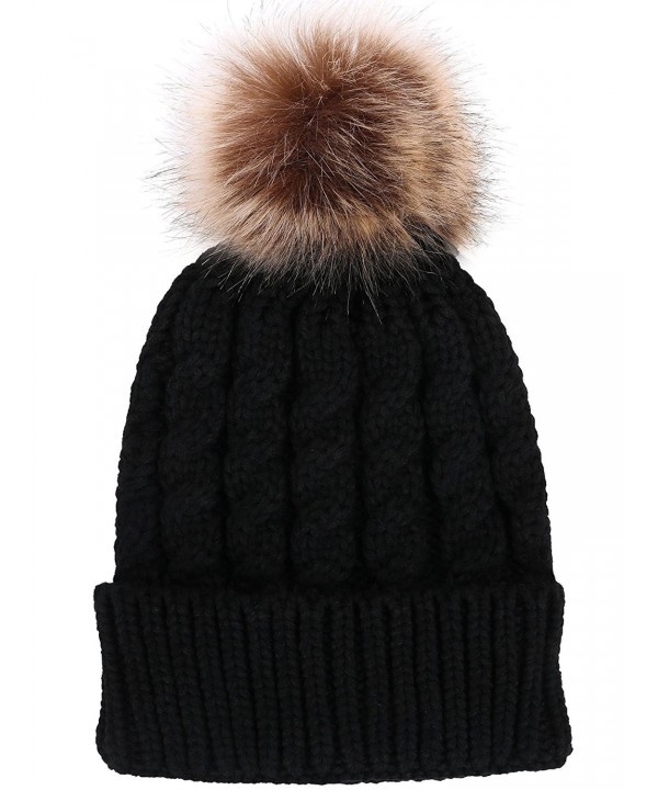 Toppers Women Winter Warm Knitted Faux Fur Pom Pom Beanie Hat - Black - CR186YL06ET