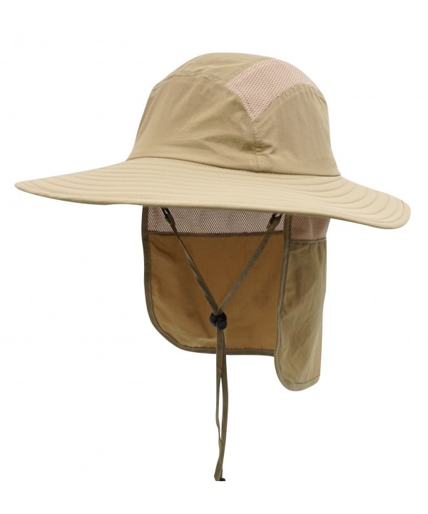 Home Prefer Mens UPF 50+ Sun Protection Cap Wide Brim Fishing Hat with Neck Flap - Khaki - CB12DBHHML5