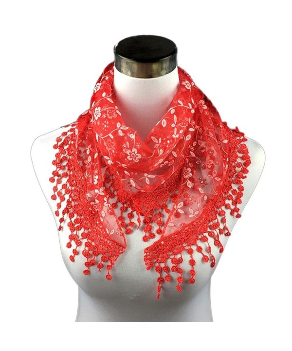 Iusun Soft Lace Tassel Sheer Burntout Floral Print Scarf Shawl Triangle Mantilla Wrap - Red - CC12N4Q1T5W