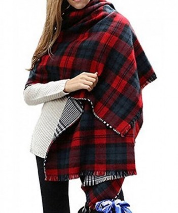 Women Cozy Oversize Plaid Blanket Scarf Fringe Large Scottish Check Tartan Wrap - Dark Red - C0186G59N4Y