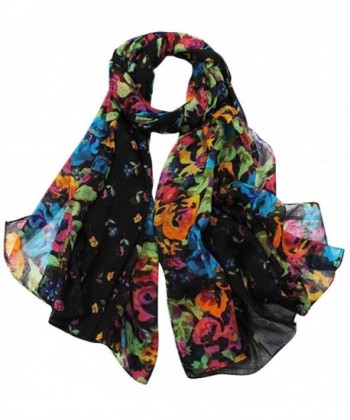 Aven Women Classy Cotton Voile Print Colorful Flowers Long Scarf Shawl Wrap - Black - CR122WFP9G7