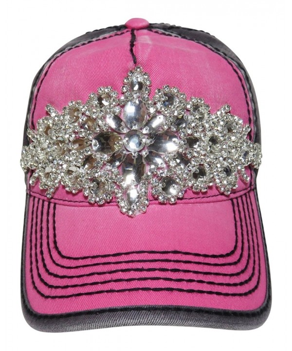 Rhinestone Large Motif Cotton Washed Look Baseball Cap Fashion - Pink/Grey - C112GJJZVDX