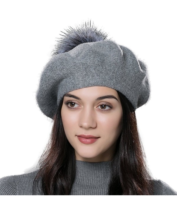 ENJOYFUR Winter Wool Beret Hat Fox Fur Pom Pom Hat Womens Knit Beanie - Dark Gray - CE17Z76NX7R