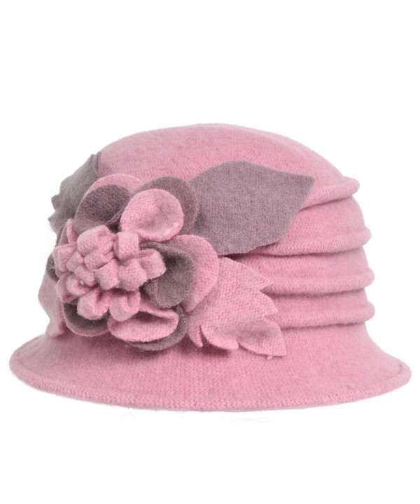 JESSE &middot RENA Lady 100% Wool Floral Bucket Cloche Bowler Hat Felt Dress Hat XC020 - Pink - CL12MXADFVU