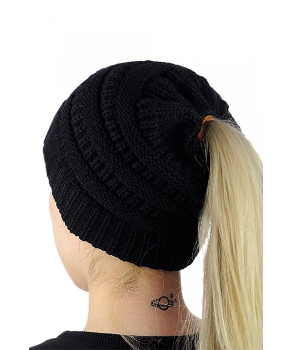 Unisex Chunky Skull Ponytail Beanie Cable Knit Hat 8 Colours - Black - CL186TXQ0QH