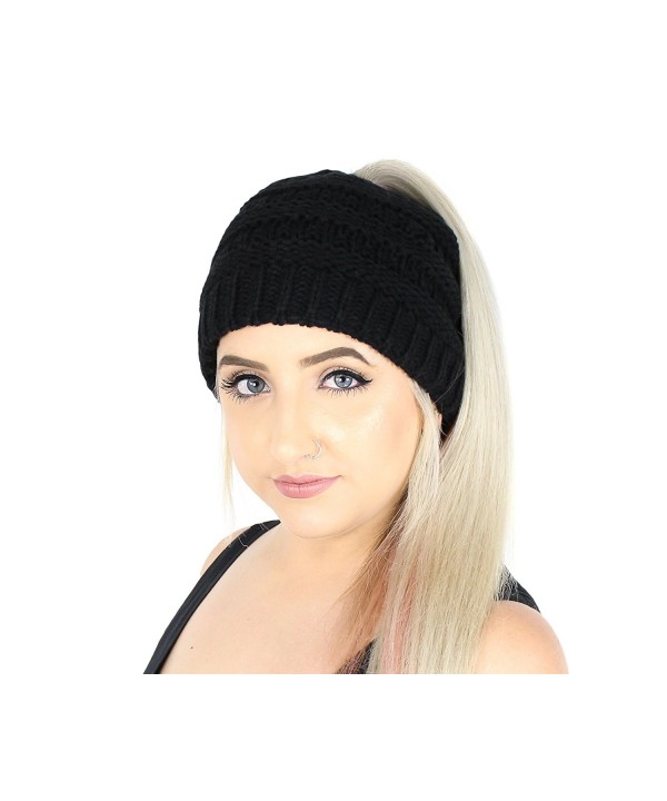 Winter Cable Knit Ponytail Beanie Hat- Stretchy Messy Bun Knitted Skull Cap - Black - C0186GOEHYZ