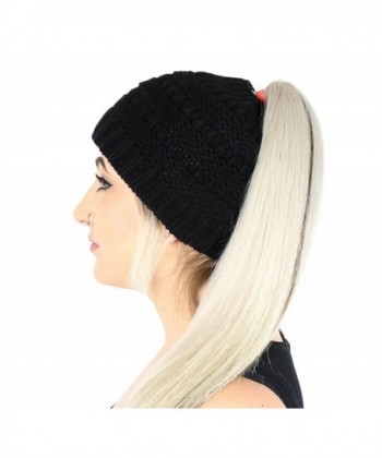 Black Ponytail Beanie Stretchy Knitted