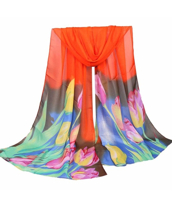 LEERYA Women Ladies Large Flowers Pattern Print Chiffon Scarf Warm Wrap Shawl - Orange - CH12OCGDS9A