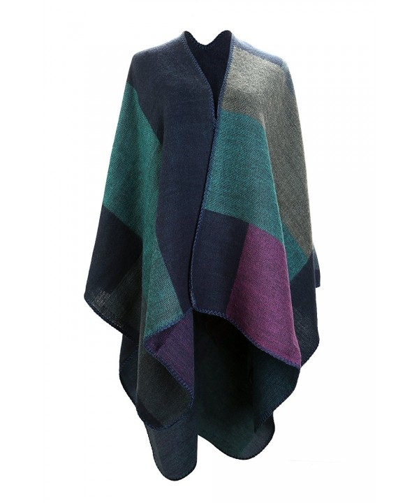UTOVME Fashion Winter Cashmere Feel Cardigan Large Plaid Blanket Scarf Poncho - Blue Green Purple - C412JW0R323