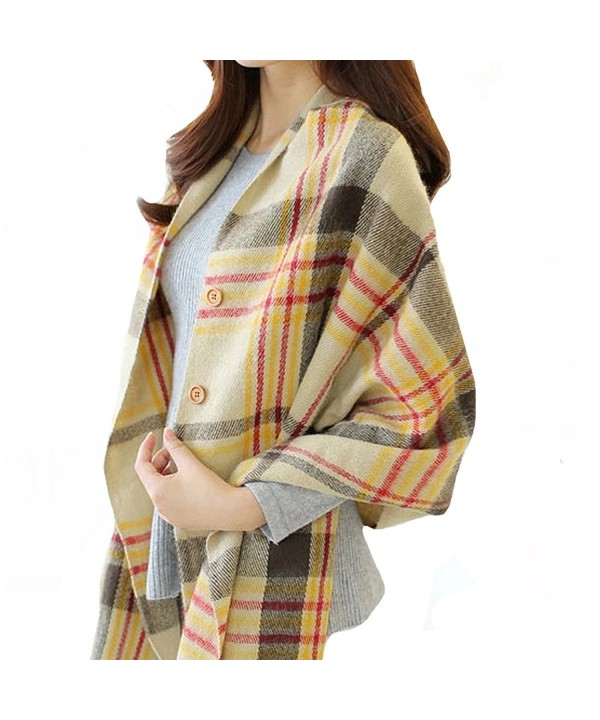 Vintage Plaid Knitted Tassel Poncho Shawl Cape Button Cardigan - Beige - CK185DX4WCU