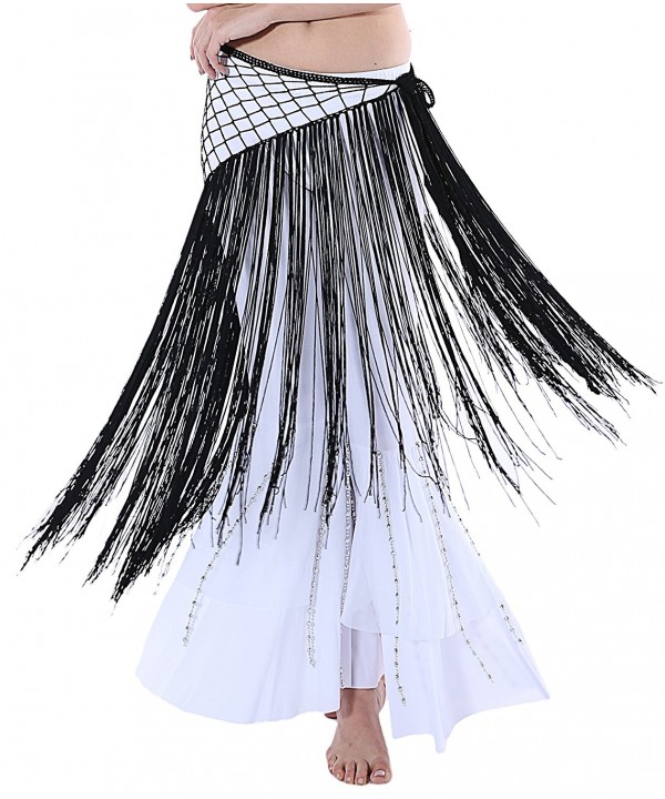 Long Net Hip Scarf for Latin or Belly Dance with Fringes and Tassels - Black - CQ12GK7K2RJ