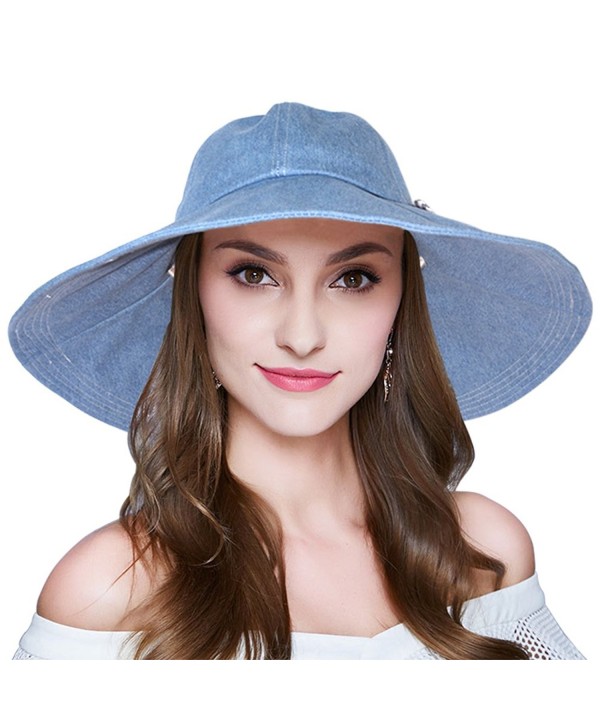 AOMUU Womens Floppy Summer Sun Hat Outdoor Foldable Wide Brim Beach Cap - Light Denim Beach Hat - C2183YLNCEU