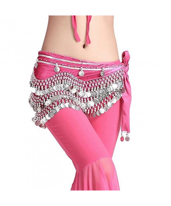 ZYZF Women's Belly Flannel Dance Wave Shape Hip Scarf With Silver Golden Coins - Rose With Silver Coins - C2182WNR6AQ
