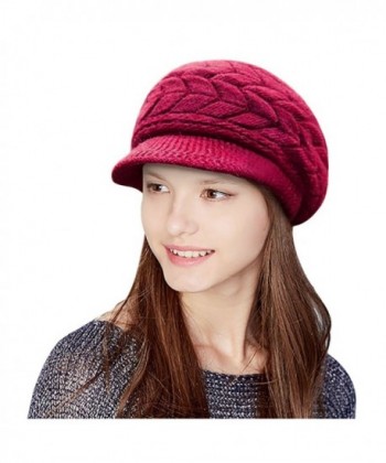 Glamorstar Winter Knit Hat Stretch Warm Beanie Ski Cap with Visor for Women Girl - Red Wine - CD186QT6ZHG