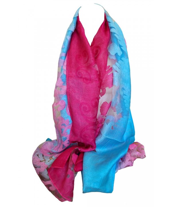 Plush Embossed Floral Print Silky Soft Organza Scarf Shawl Wrap Stole Head Scarves - Pink Blue - C817Z4I7SZ9