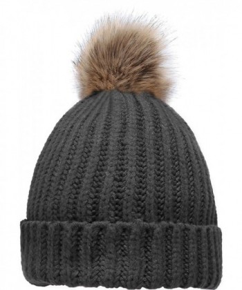 NEOSAN Women's Winter Ribbed Knit Faux Fur Pompoms Chunky Lined Beanie Hats - Sprout Charcoal - CH184RQ02DK