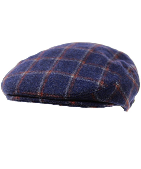 Men's 100% Wool Winter Check Plaid Flat Ivy Driver Cabbie Cap Hat - Navy - CC12N1BF7L8