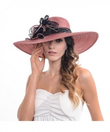 Women's Organza Wide Brim Hat with Flower S064 - Dark Red - CR12E7DAPS3