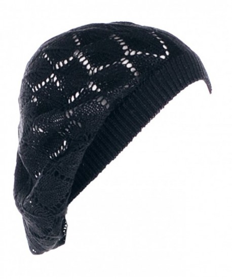 BYOS Womens Airy Cutout Lightweight Leafy Crochet Beret Beanie Hat (Black Leafy-2) - CO12MZXEFXQ